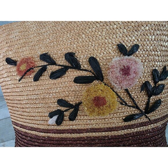 Handcrafted Straw Rattan Tote Bag 3d Floral Embroidery & Leather Wrapped Handles - Picture 2 of 11